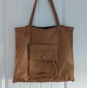Brown Leather Tote Bag with Front Pocket, Vintage Western Vibe
